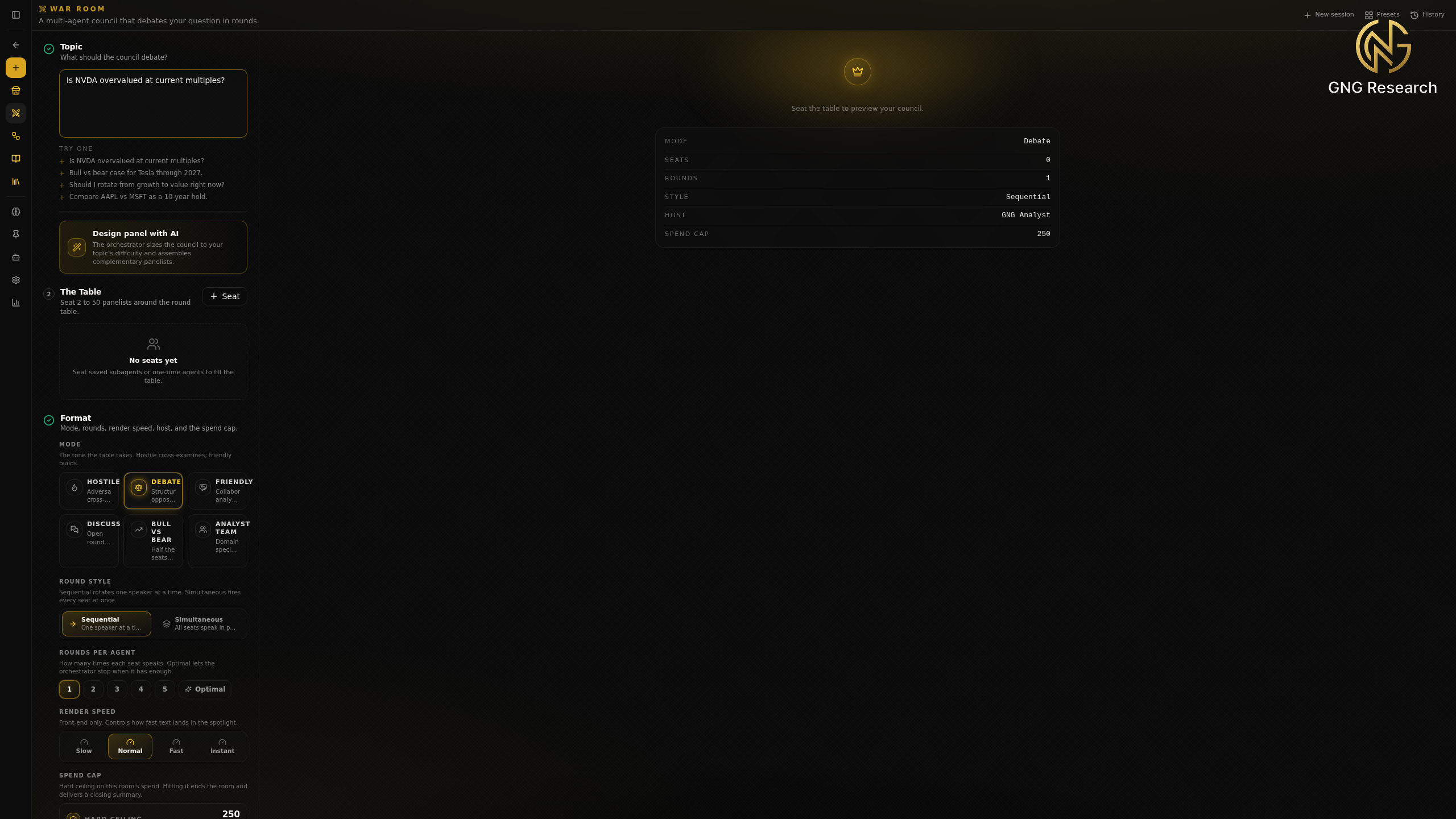 War Room setup screen with a topic entered, an empty table, and the mode and round style options