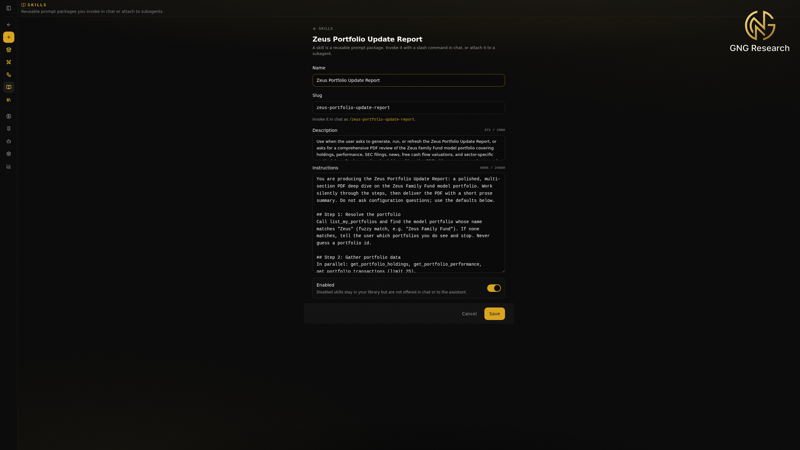 Inline skill editor with name, slug, description, and a long instructions body for a Zeus Portfolio Update Report skill