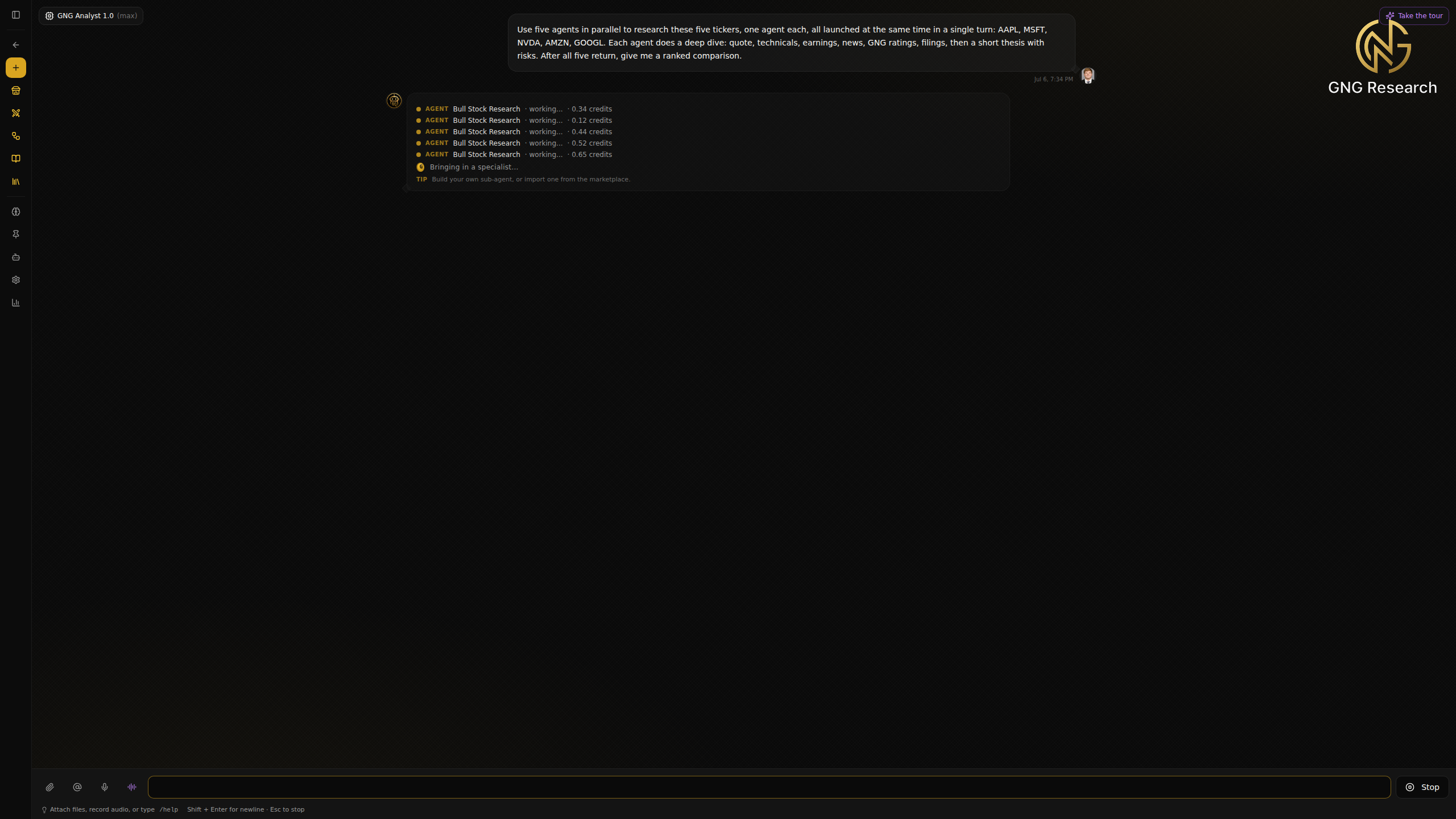 Normal AI Console chat showing five agents running at the same time, each with a live working status and its own credit meter