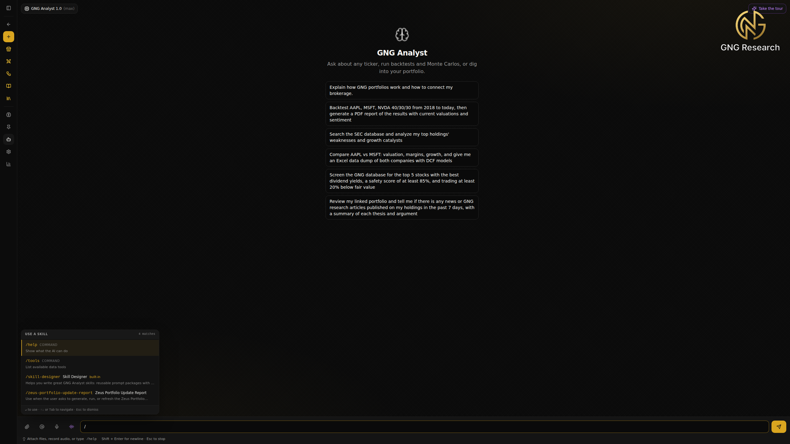 Slash command picker in the composer showing the built-in Skill Designer alongside user skills