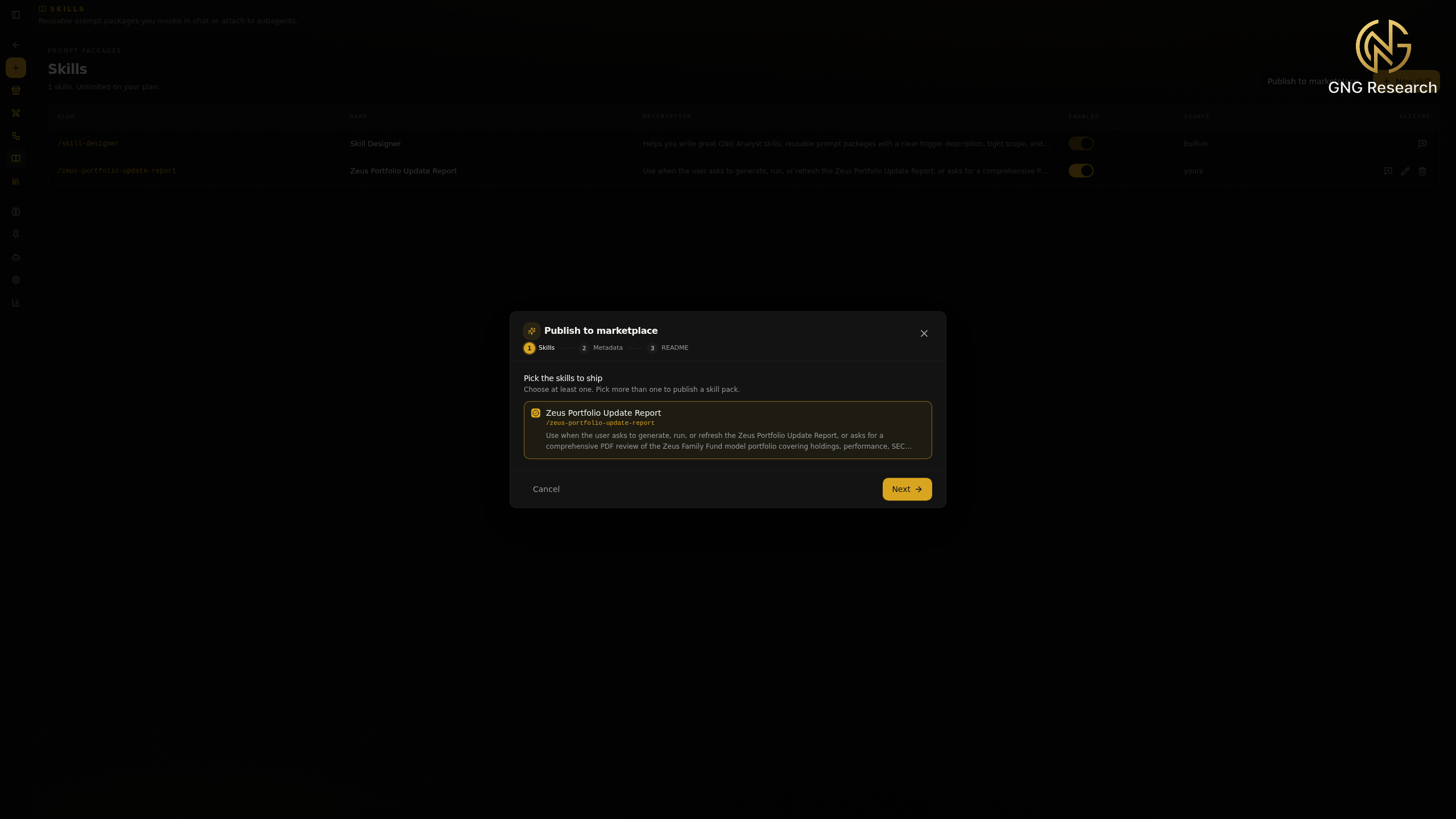 Publish to marketplace dialog with steps for skills, metadata, and readme, and a skill selected to ship