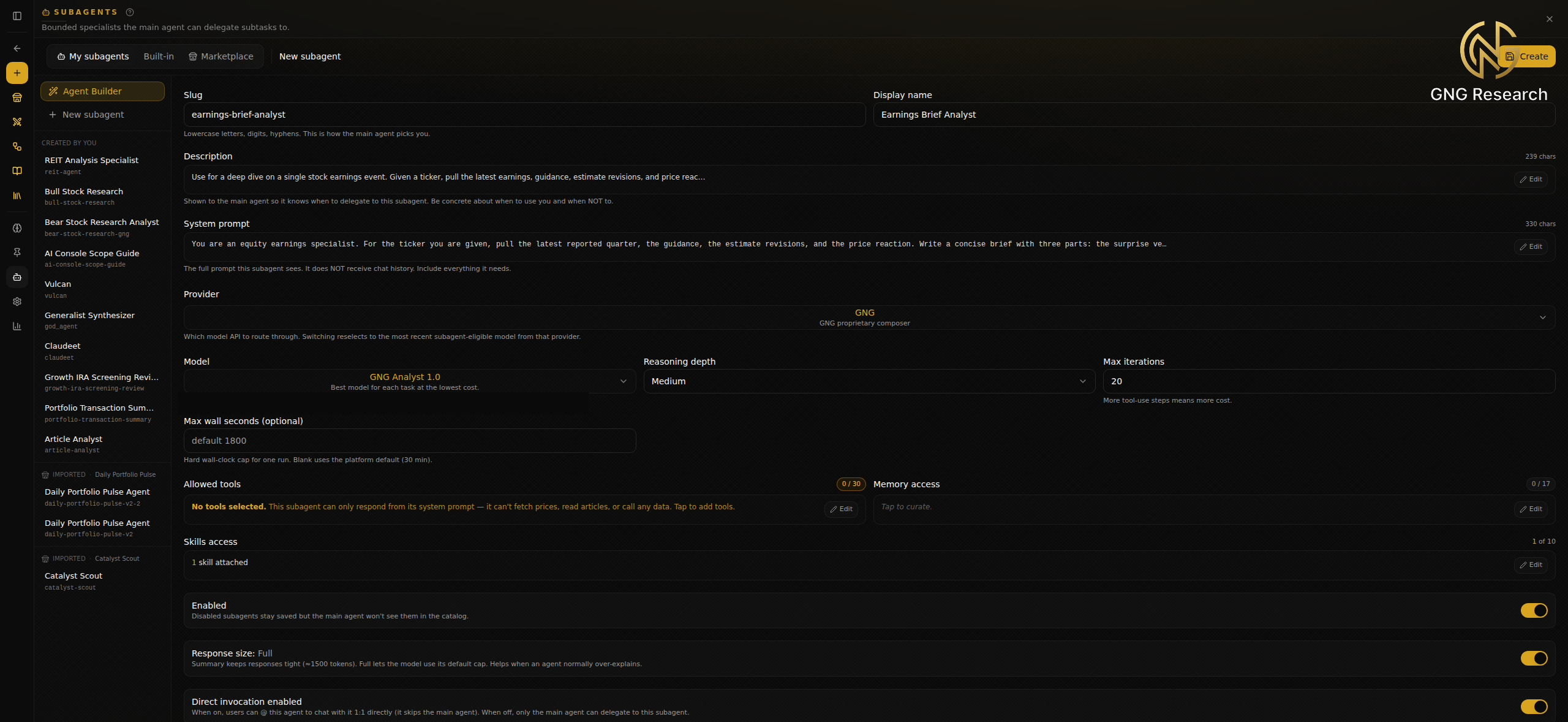 Subagent builder form with slug, display name, description, system prompt, model set to GNG Analyst 1.0, and a Skills access field showing one skill attached