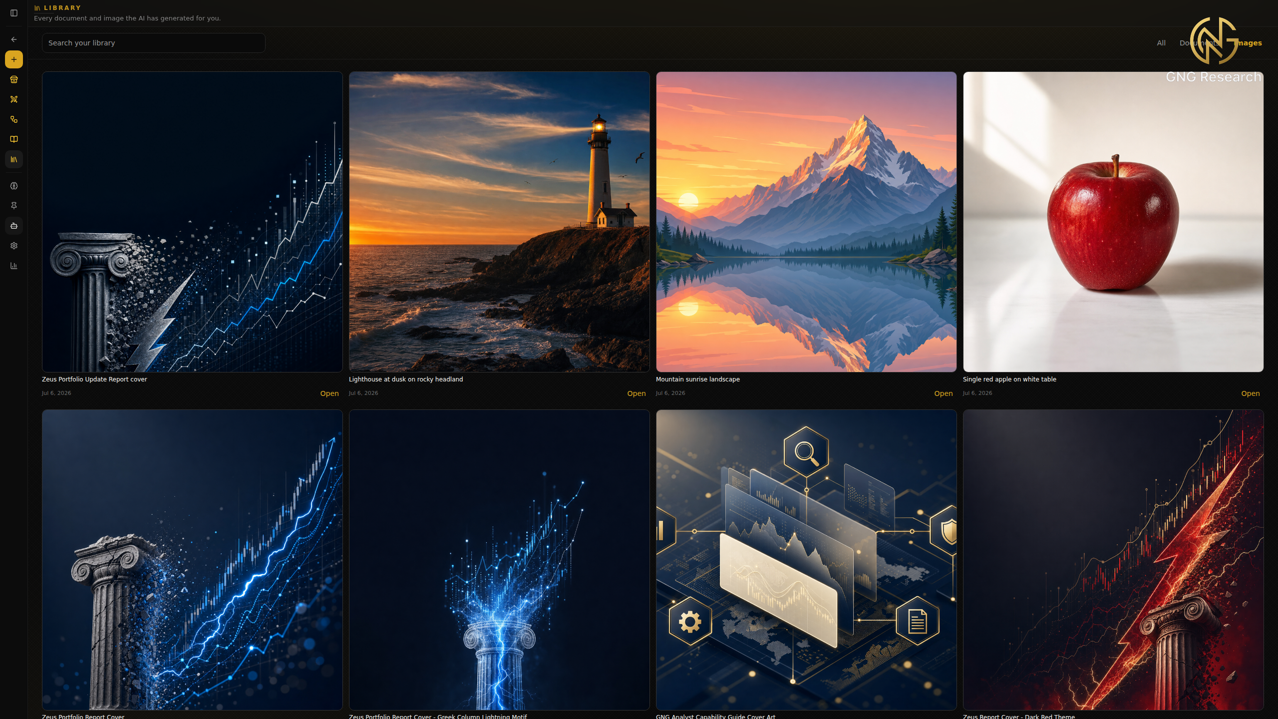 Library filtered to Images showing a grid of generated image thumbnails including report covers and illustrations