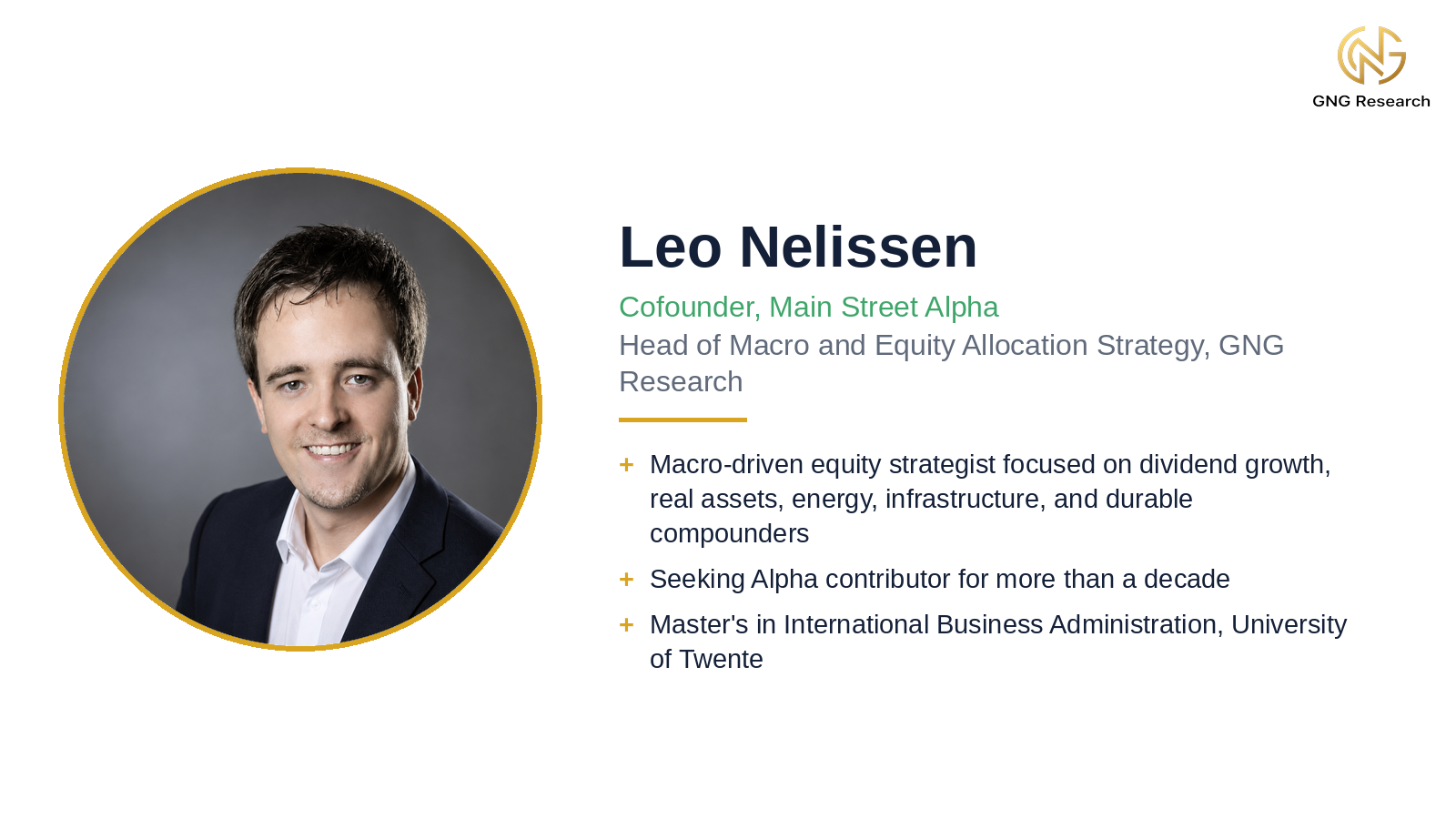 Profile card for Leo Nelissen with headshot, roles, and background highlights