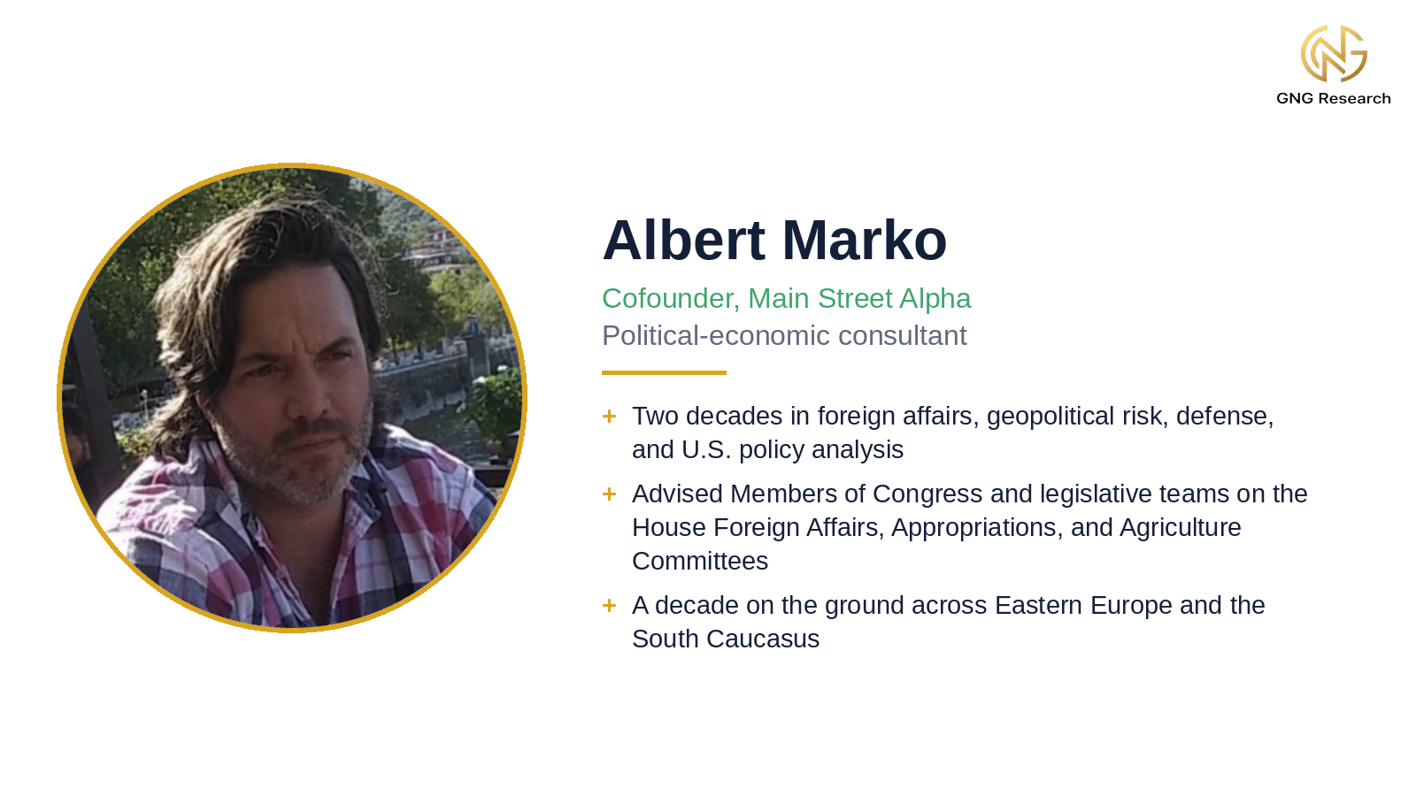 Profile card for Albert Marko with headshot, roles, and background highlights