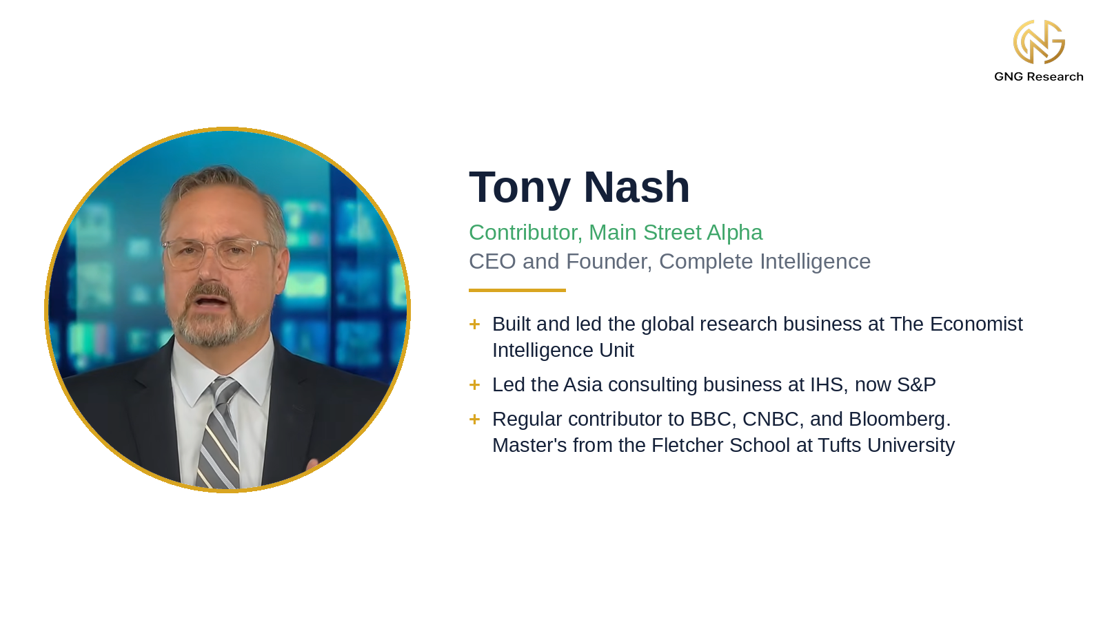 Profile card for Tony Nash with headshot, roles, and background highlights